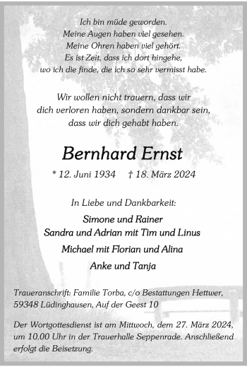 Anzeige von Bernhard Ernst 