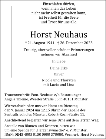 Anzeige von Horst Neuhaus 