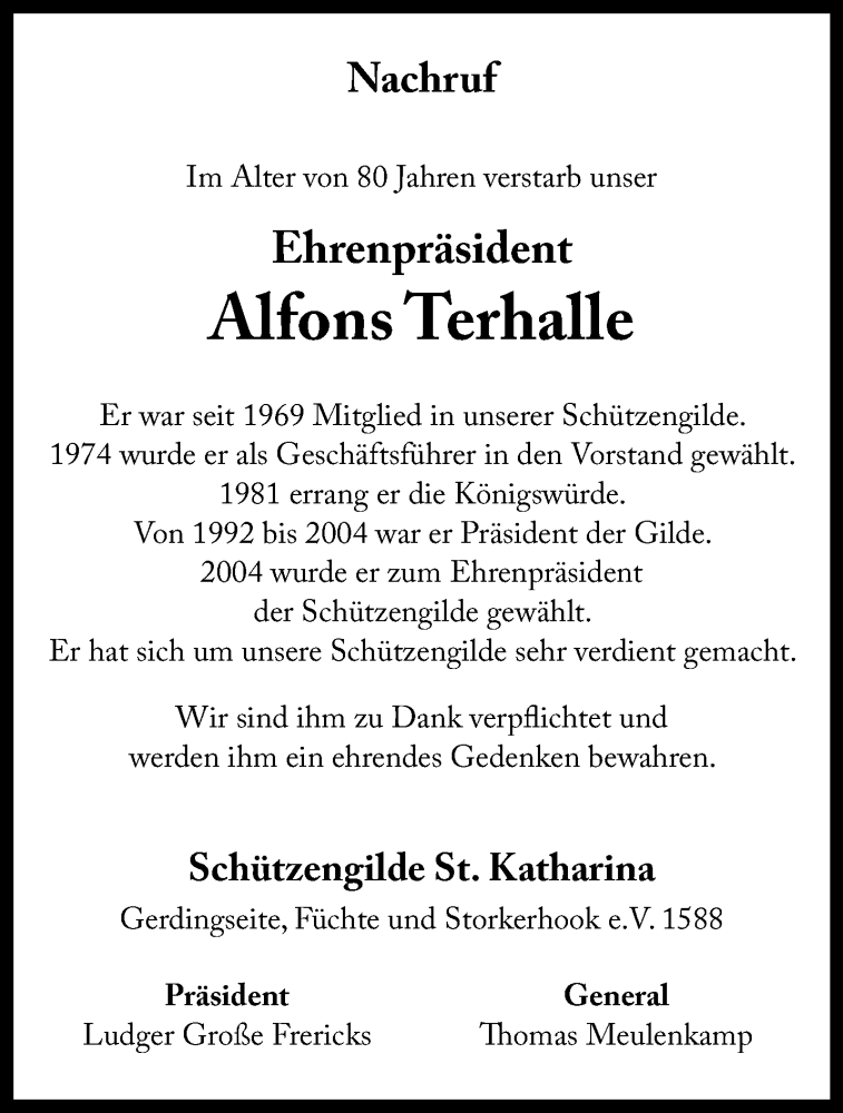  Traueranzeige für Alfons Terhalle vom 16.03.2024 aus 