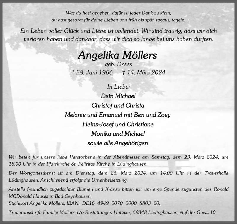  Traueranzeige für Angelika Möllers vom 20.03.2024 aus 