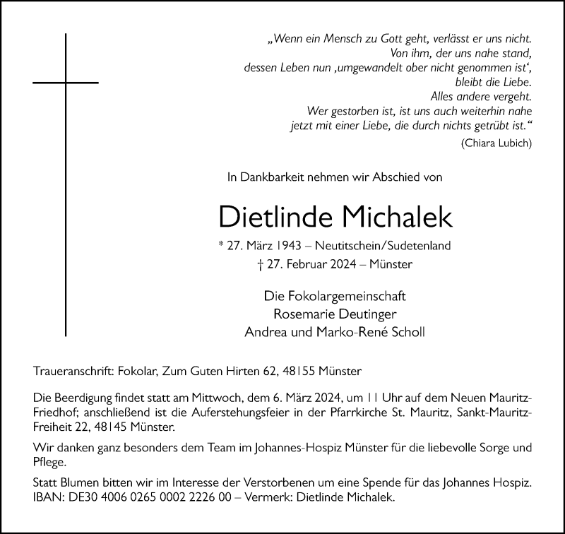  Traueranzeige für Dietlinde Michalek vom 02.03.2024 aus 
