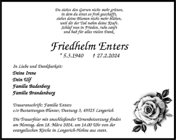 Anzeige von Friedhelm Enters 