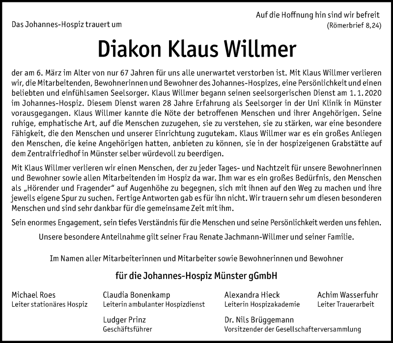  Traueranzeige für Klaus Willmer vom 16.03.2024 aus 