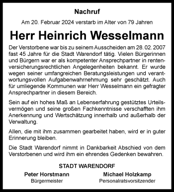 Anzeige von Heinrich Wesselmann 