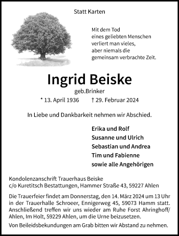 Anzeige von Ingrid Beiske 