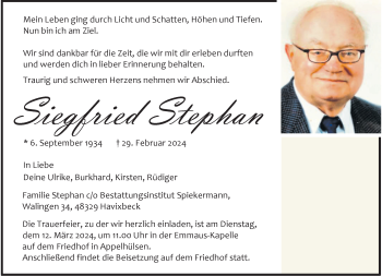 Anzeige von Siegfried Stephan 