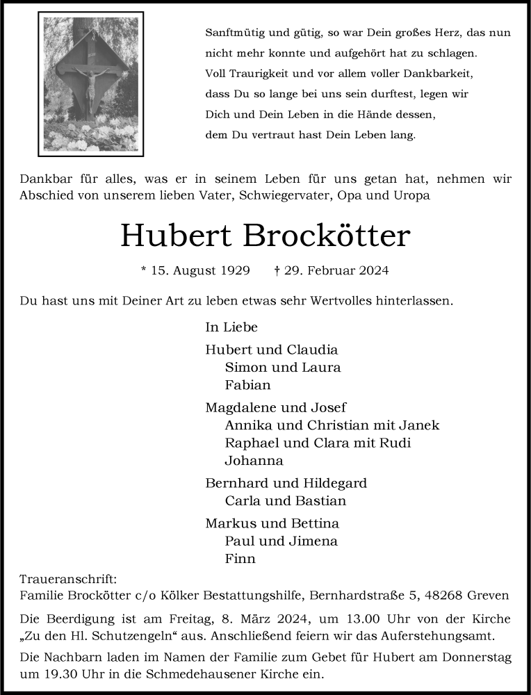  Traueranzeige für Hubert Brockötter vom 02.03.2024 aus 