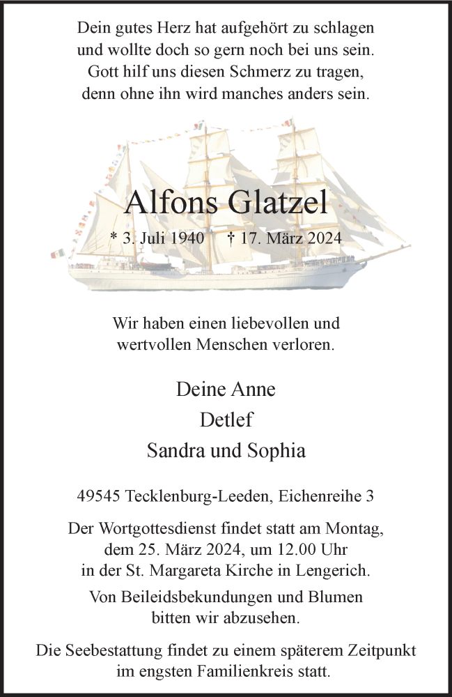  Traueranzeige für Alfons Glatzel vom 20.03.2024 aus 