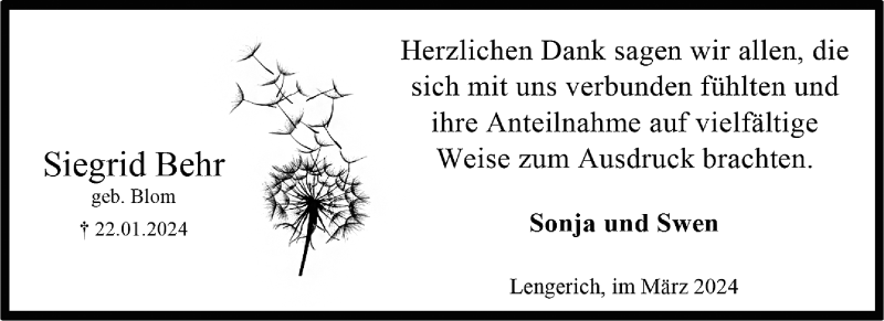  Traueranzeige für Siegrid Behr vom 09.03.2024 aus 