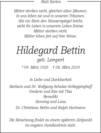 Anzeige von Hildegard Bettin 