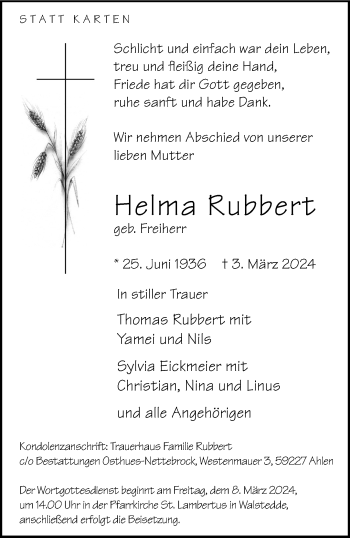 Anzeige von Helma Rubbert 