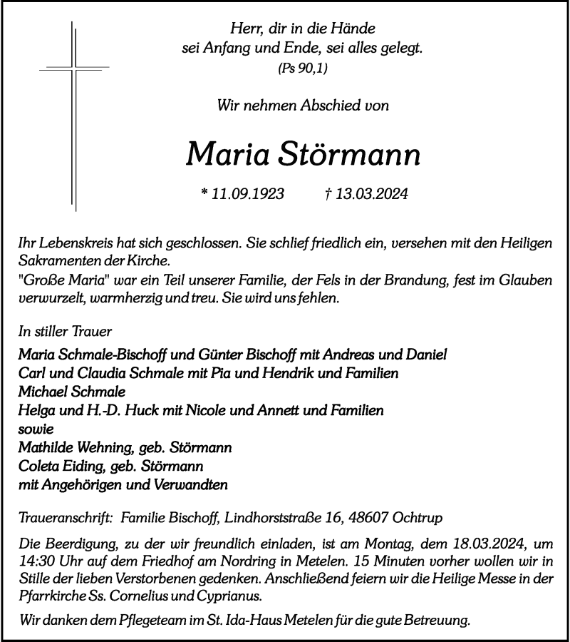  Traueranzeige für Maria Störmann vom 15.03.2024 aus 