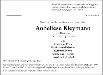 Anzeige von Anneliese Kleymann 