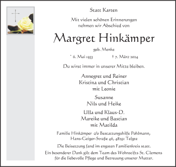 Anzeige von Margret Hinkämper 