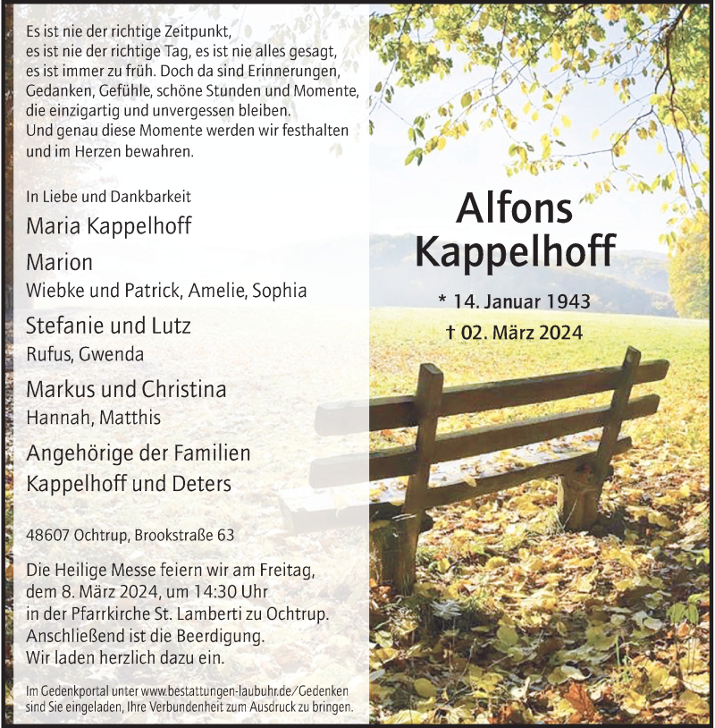  Traueranzeige für Alfons Kappelhoff vom 05.03.2024 aus 