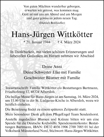 Anzeige von Hans-Jürgen Wittkötter 