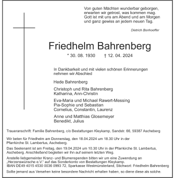 Anzeige von Friedhelm Bahrenberg 