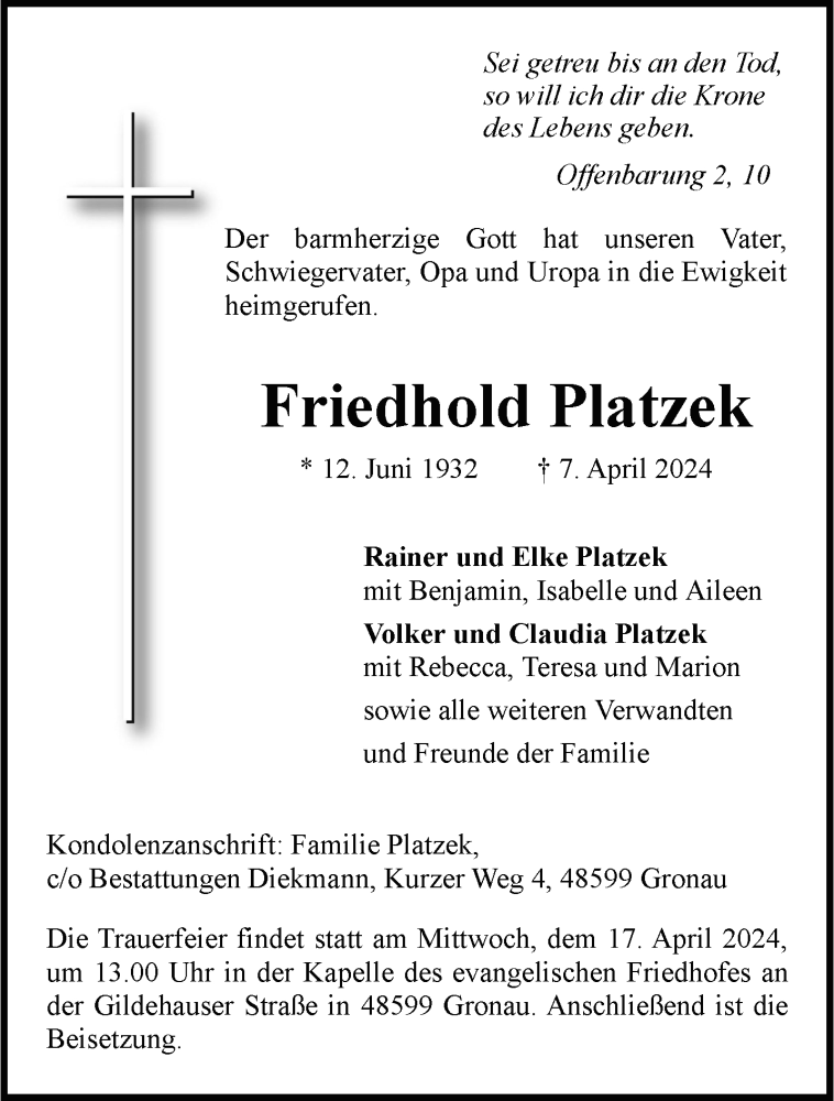  Traueranzeige für Friedhold Platzek vom 16.04.2024 aus 