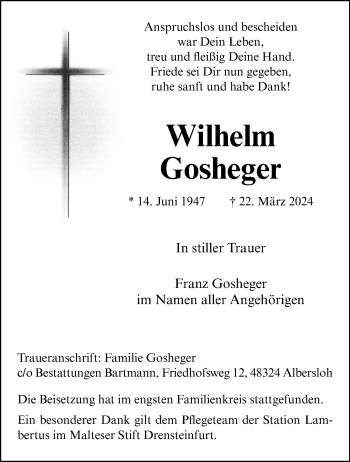 Anzeige von Wilhelm Gosheger 