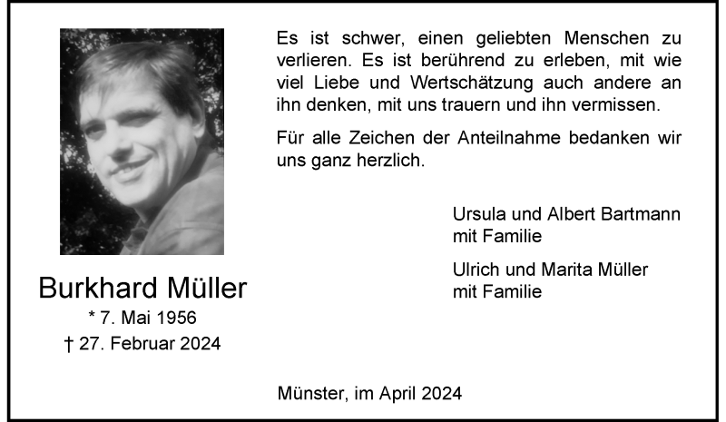  Traueranzeige für Burkhard Müller vom 27.04.2024 aus 