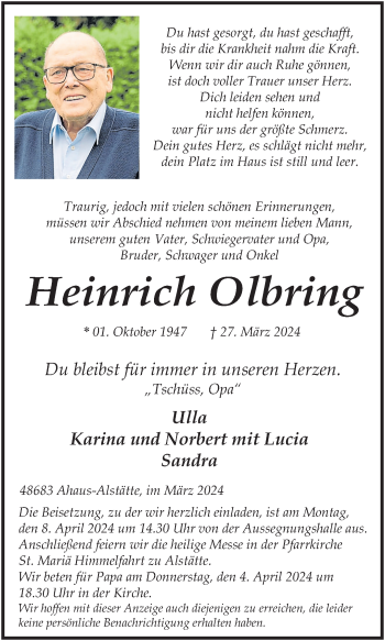 Anzeige von Heinrich Olbring 