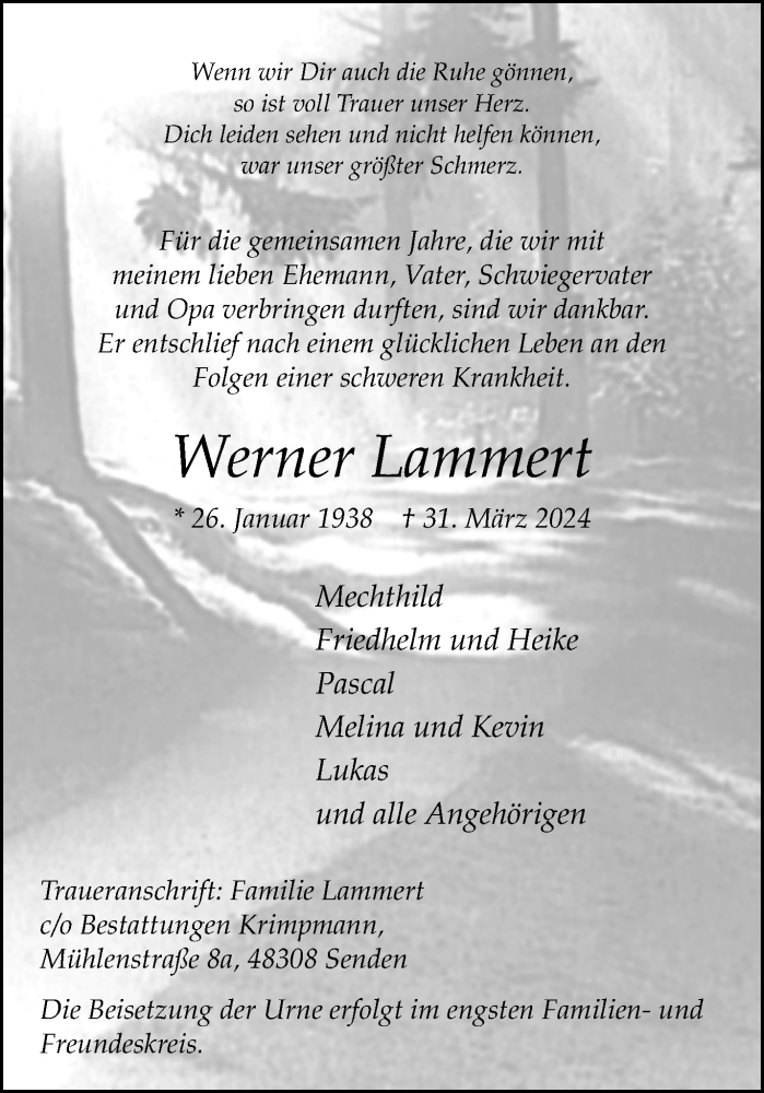  Traueranzeige für Werner Lammert vom 06.04.2024 aus 