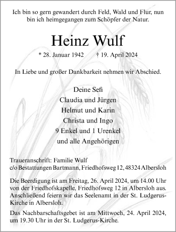 Anzeige von Heinz Wulf 