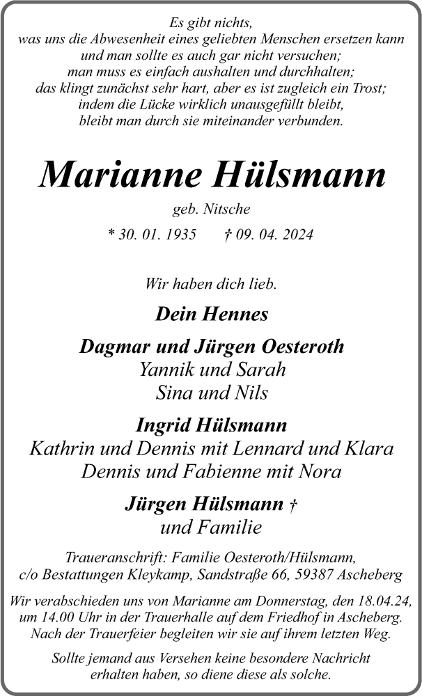  Traueranzeige für Marianne Hülsmann vom 13.04.2024 aus 