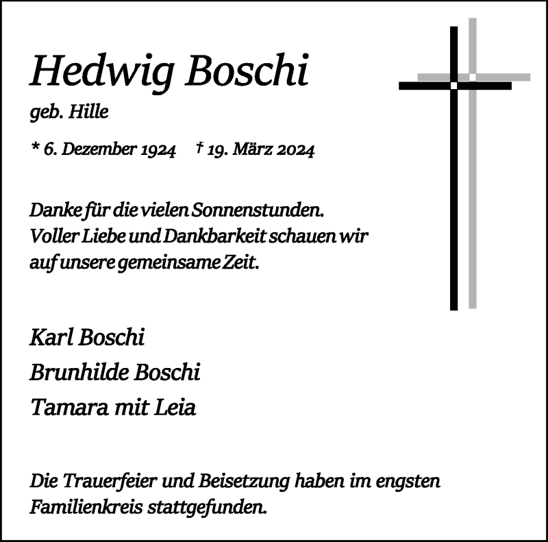  Traueranzeige für Hedwig Boschi vom 13.04.2024 aus 