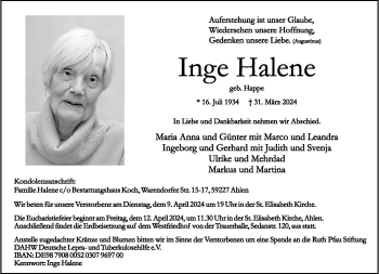 Anzeige von Inge Halene 