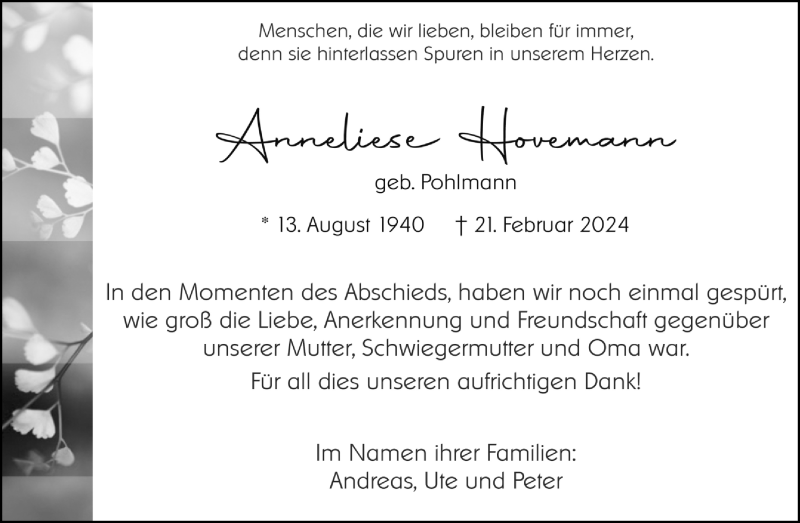  Traueranzeige für Anneliese Hovemann vom 06.04.2024 aus 