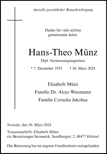 Anzeige von Hans-Theo Münz 