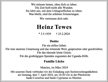 Anzeige von Heinz Tewes 