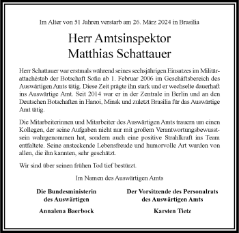 Anzeige von Matthias Schattauer 