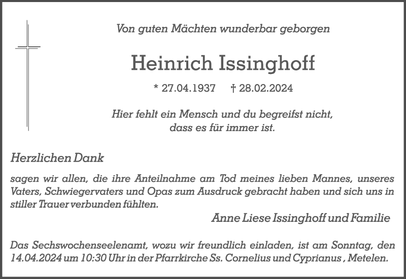  Traueranzeige für Heinrich Issinghoff vom 09.04.2024 aus 