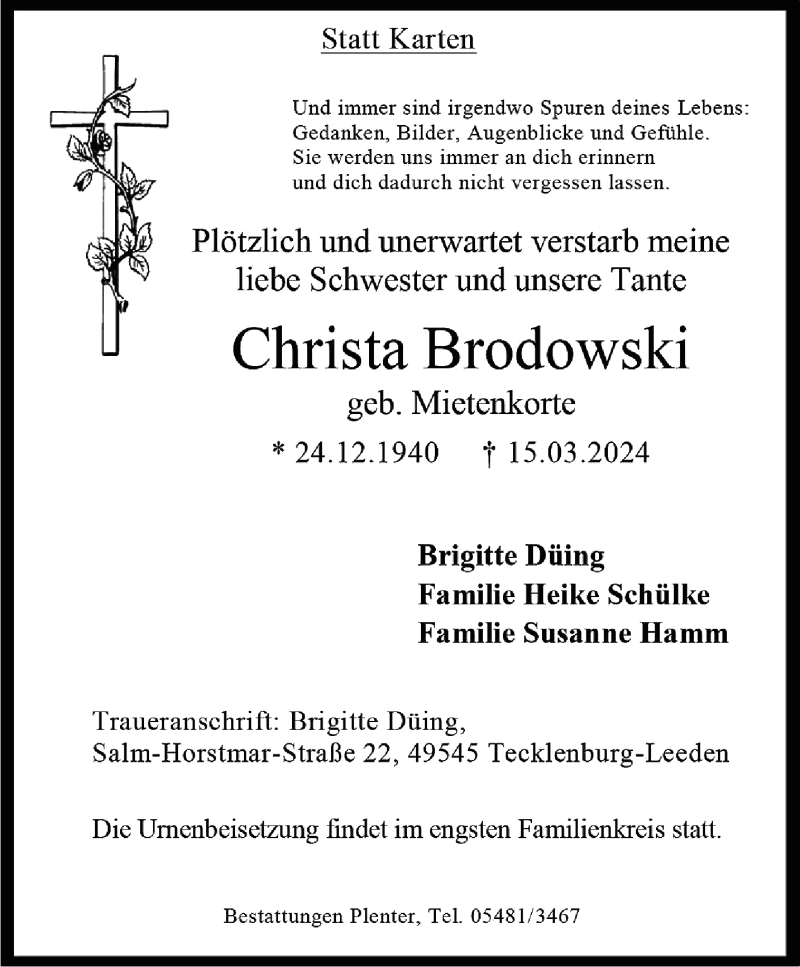  Traueranzeige für Christa Brodowski vom 03.04.2024 aus 