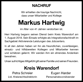 Anzeige von Markus Hartwig 