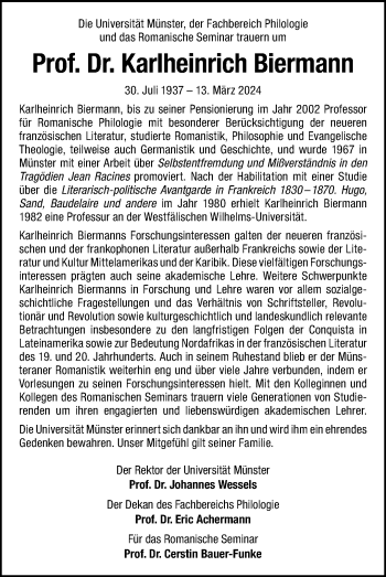 Anzeige von Prof. Dr. Karlheinrich Biermann 