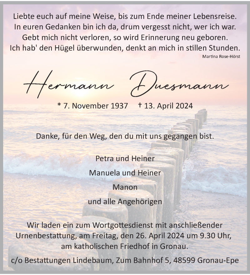  Traueranzeige für Hermann Duesmann vom 17.04.2024 aus 