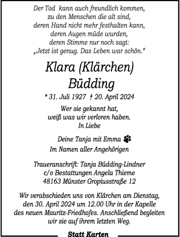 Anzeige von Klara Büdding 