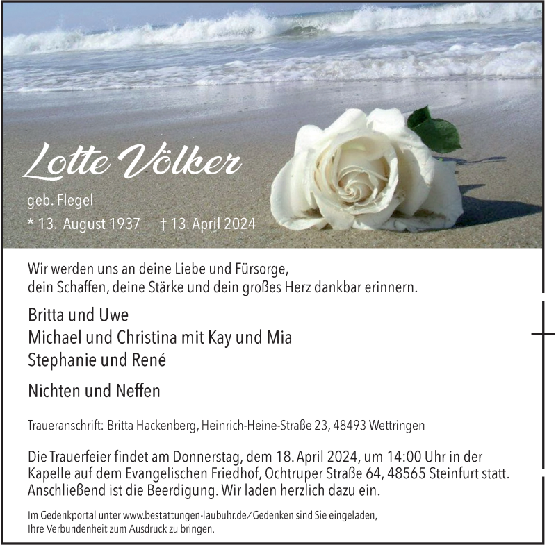  Traueranzeige für Lotte Völker vom 16.04.2024 aus 