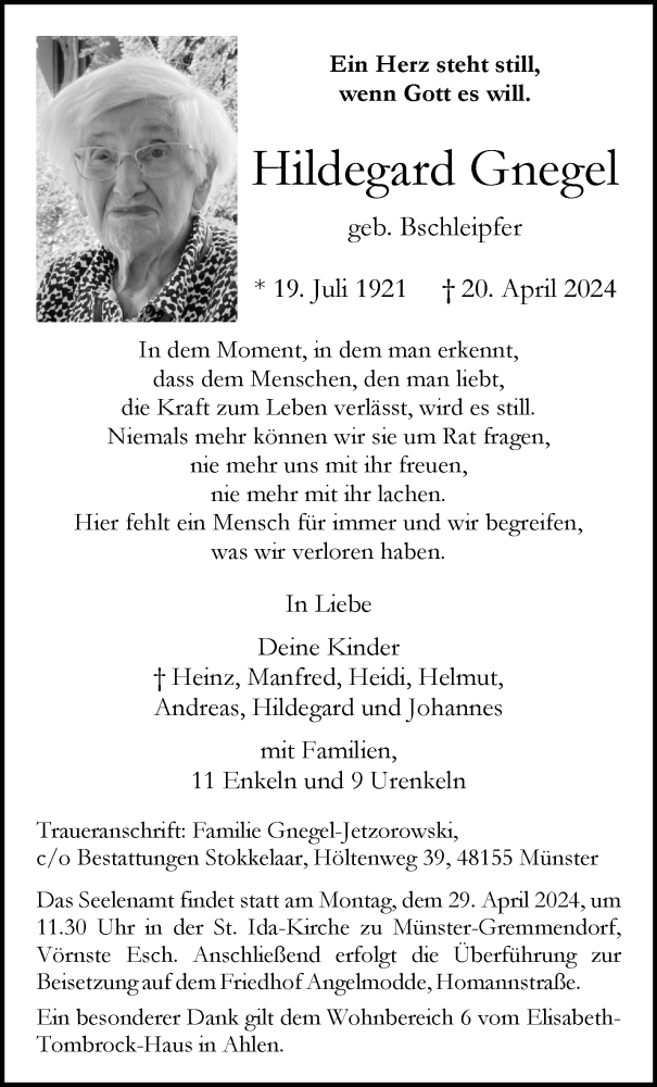  Traueranzeige für Hildegard Gnegel vom 24.04.2024 aus 