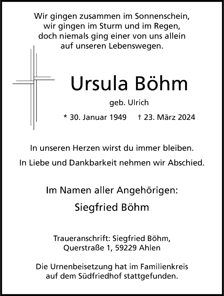  Traueranzeige für Ursula Böhm vom 10.04.2024 aus 