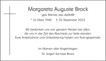 Anzeige von Margareta Auguste Brock 