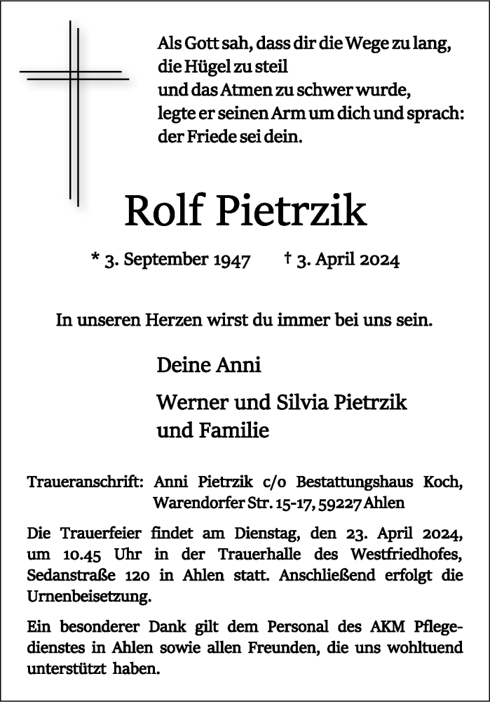  Traueranzeige für Rolf Pietrzik vom 20.04.2024 aus 