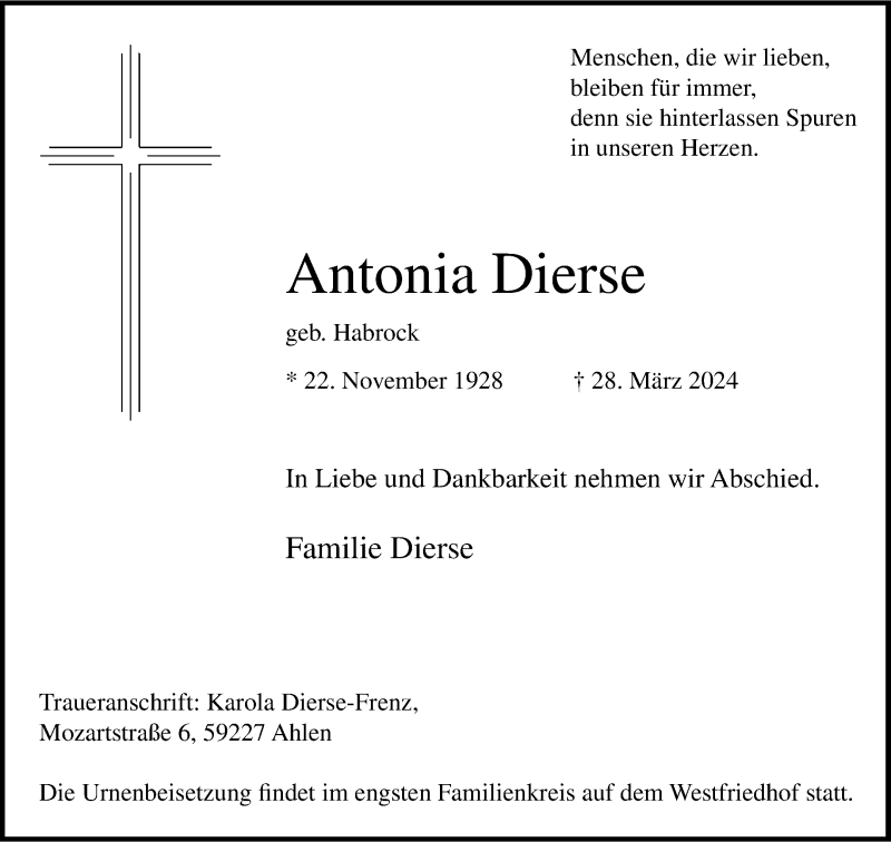  Traueranzeige für Antonia Dierse vom 06.04.2024 aus 