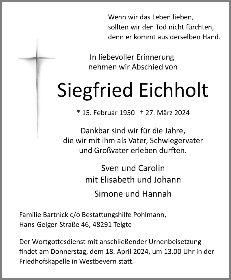  Traueranzeige für Siegfried Eichholt vom 06.04.2024 aus 