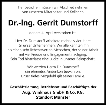 Anzeige von Dr.-Ing. Gerrit Dumstorff 