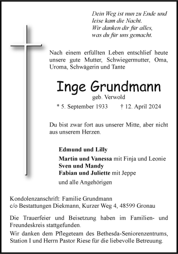 Anzeige von Inge Grundmann 