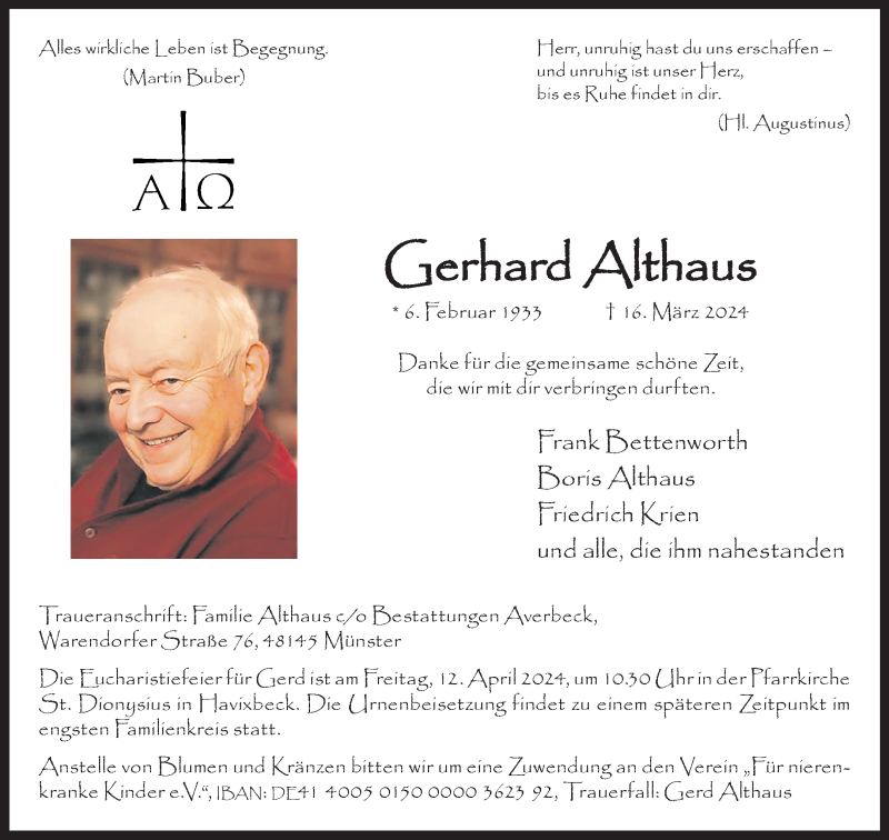  Traueranzeige für Gerhard Althaus vom 06.04.2024 aus 